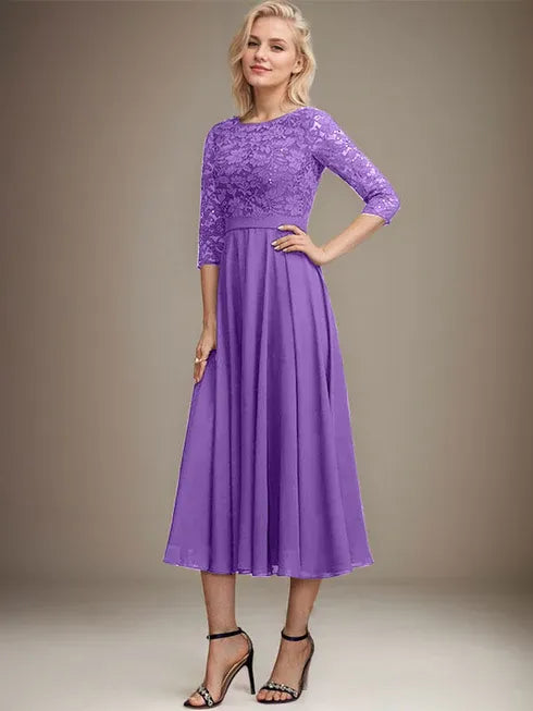 A-Line Scoop Neck Tea-Length Lace Chiffon Mother of the Bride Dress with Sequins