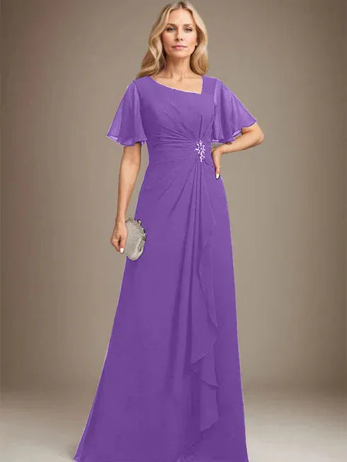A-Line Asymmetrical Floor-Length Chiffon Mother of the Bride Dress with Pleated Beading and Sequins