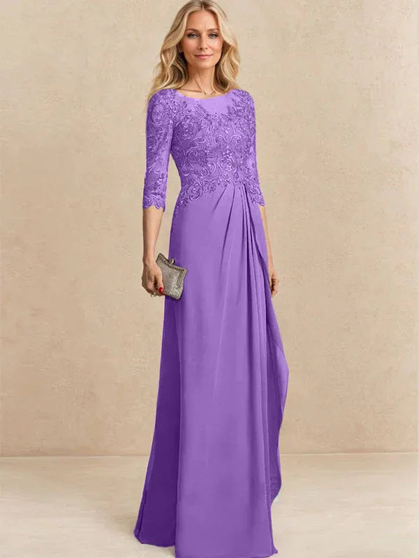A-Line Scoop Illusion Floor-Length Chiffon and Lace Mother of the Bride Dress with Beading, Sequins, and Cascading Ruffles