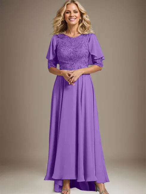 A-Line Scoop Neck Illusion Asymmetrical Chiffon and Lace Mother of the Bride Dress with Beading