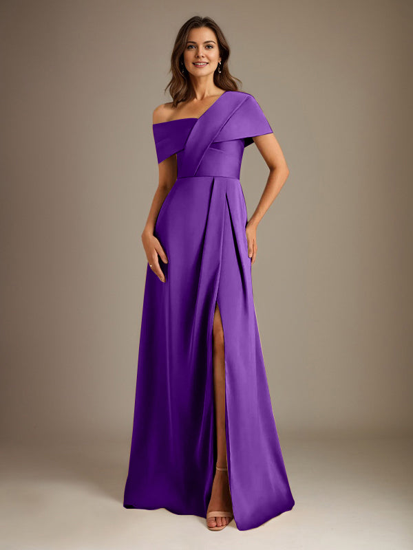 A-Line Satin Mother of the Bride Dress with Asymmetrical Neckline, Floor-Length, and Pleated Design