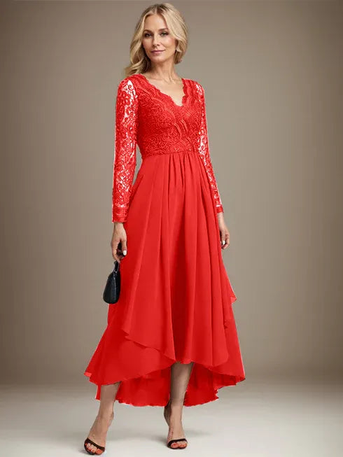 A-Line V-Neck Asymmetrical Lace Chiffon Mother of the Bride Dress