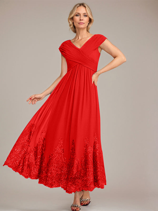 A-Line V-Neck Chiffon Mother of the Bride Dress with Appliqué and Sequins, Ankle-Length