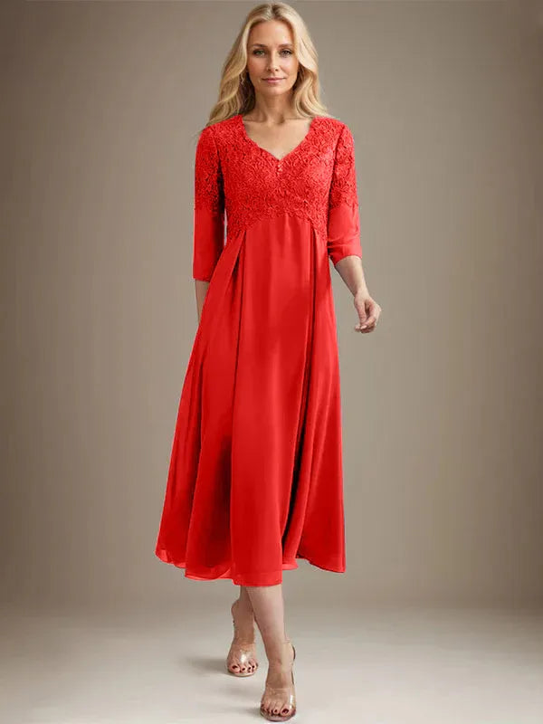 A-Line V-Neck Tea-Length Chiffon Lace Mother of the Bride Dress with Beading