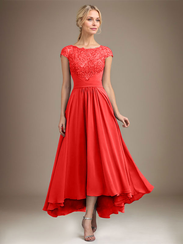 A-Line Scoop Neck Illusion Asymmetrical Lace Chiffon Mother of the Bride Dress with Pleats
