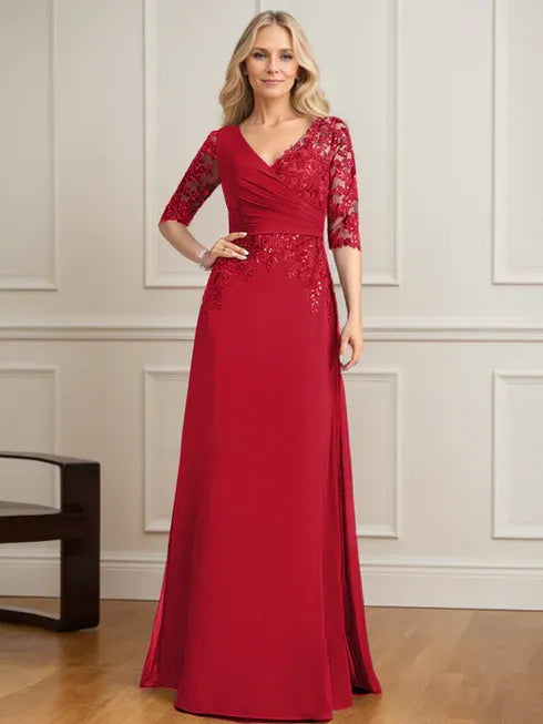 A-Line V-Neck Floor-Length Lace and Chiffon Mother of the Bride Dress with Pleated Sequins