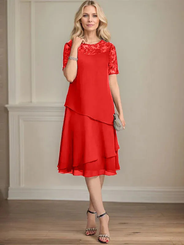 A-Line Scoop Neck Illusion Knee-Length Lace Chiffon Mother of the Bride Dress with Sequins