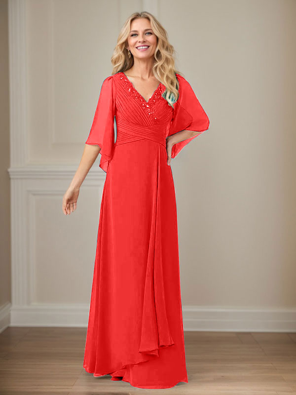 A-Line V-Neck Long Sequin Chiffon Mother of the Bride Dress
