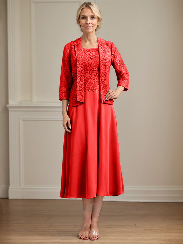 A-Line Scoop Neck Tea-Length Lace Chiffon Mother of the Bride Dress