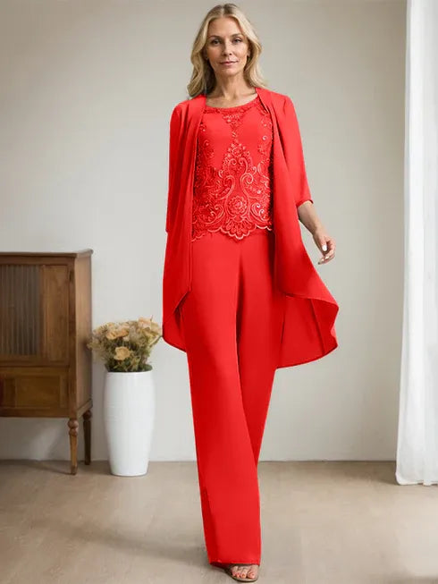 Floor-Length Chiffon Lace Mother of the Bride Jumpsuit/Pantsuit with Scoop Neck, Beading, and Sequins