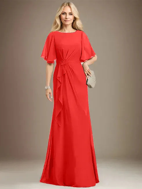 A-Line Scoop Floor-Length Chiffon Mother of the Bride Dress with Cascading Ruffles, Beading, and Sequins