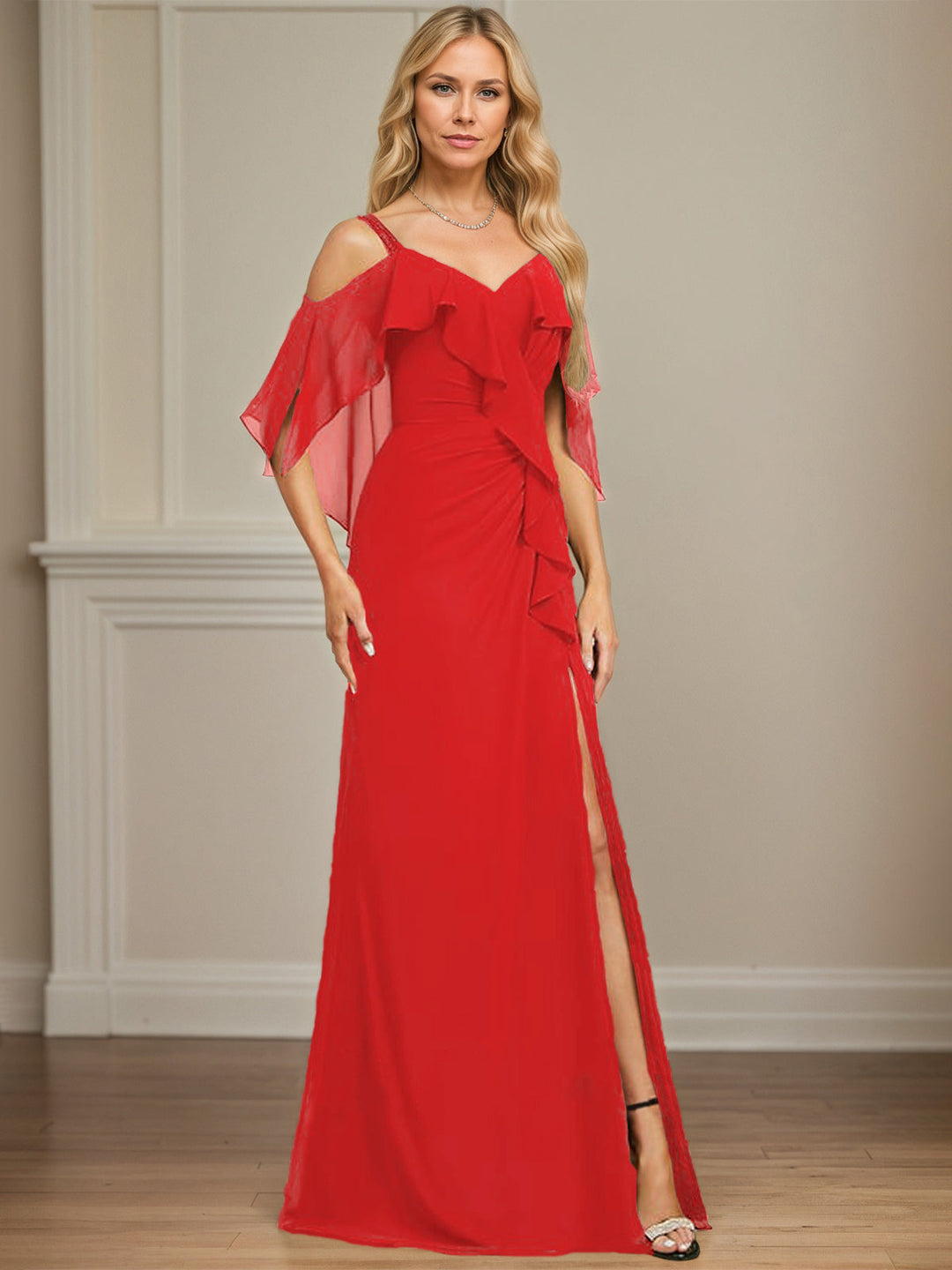 Sheath/Column Cold Shoulder V-Neck Floor-Length Chiffon Dress with Cascading Ruffles, Sequins, and Beading