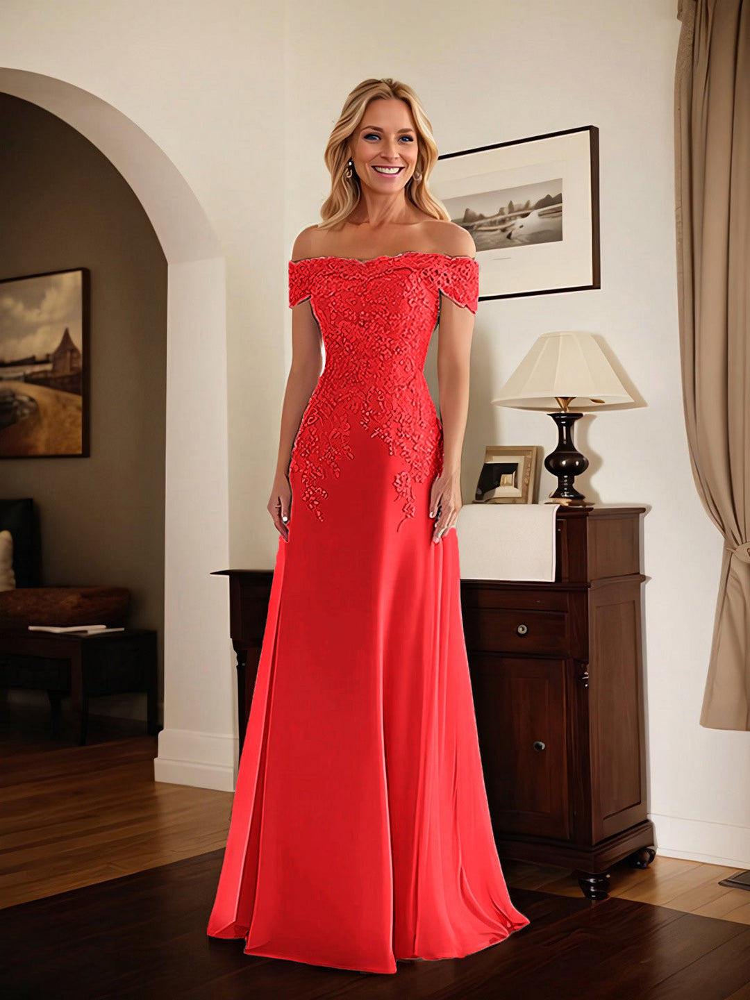 Elegant Taupe Off-the-Shoulder Lace Sheath Dress for Mother of the Bride
