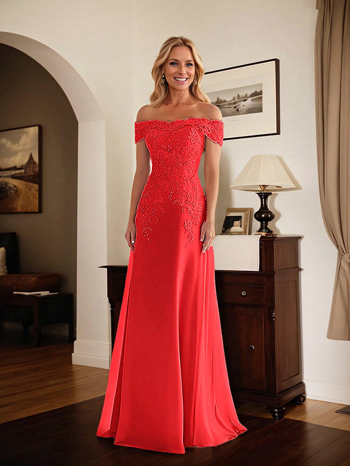 Elegant Taupe Off-the-Shoulder Lace Sheath Dress for Mother of the Bride