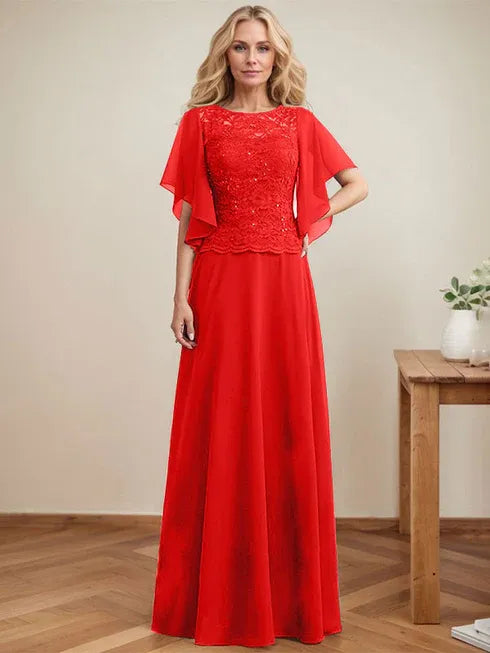 A-Line Scoop Neck Illusion Floor-Length Lace Chiffon Mother of the Bride Dress with Sequins