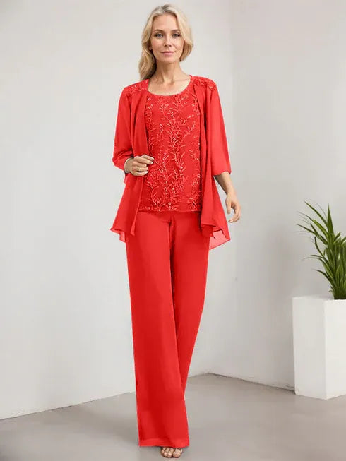 Floor-Length Lace Chiffon Mother of the Bride Jumpsuit/Pantsuit with Scoop Neck and Sequins
