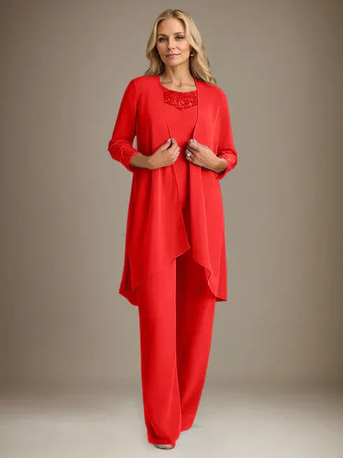 Chiffon Scoop Neck Long Sleeve Mother of the Bride Pantsuit with Jacket