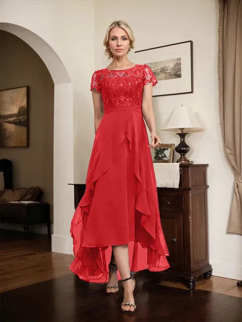 A-Line Scoop Neck Illusion Asymmetrical Chiffon Lace Mother of the Bride Dress with Bow, Ruffle, and Sequins