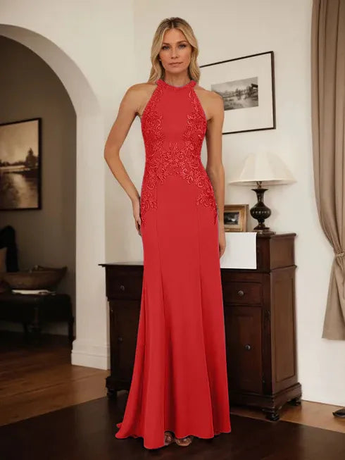 Dusty Blue Sheath Halter Mother of the Bride Dress with Appliqué Details