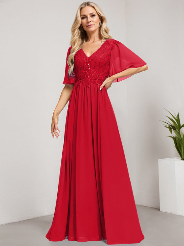 A-Line V-Neck Floor-Length Lace Chiffon Mother of the Bride Dress with Sequins