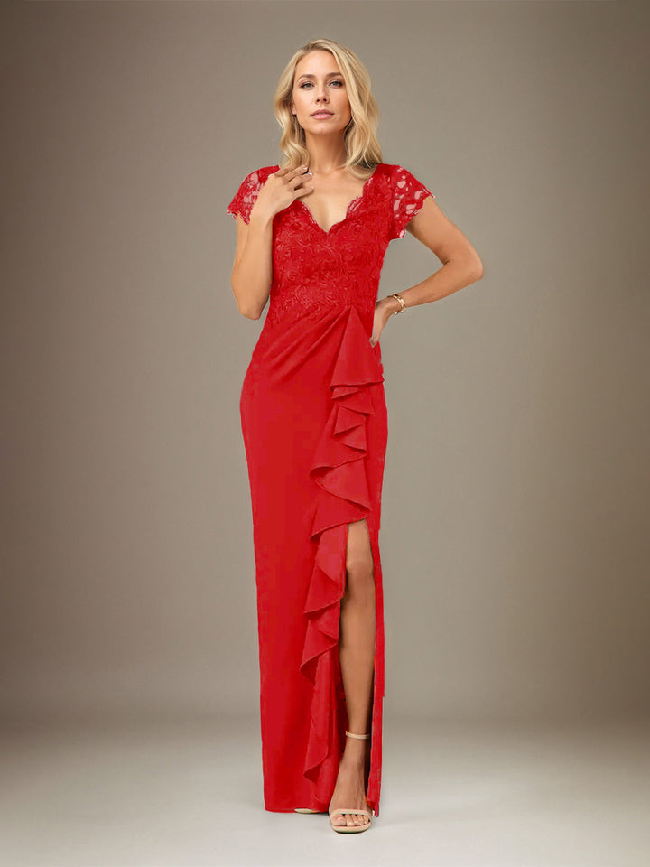 V-Neck Short Sleeve Floor-Length Chiffon Dress with Sheath/Column Silhouette and Cascading Ruffles