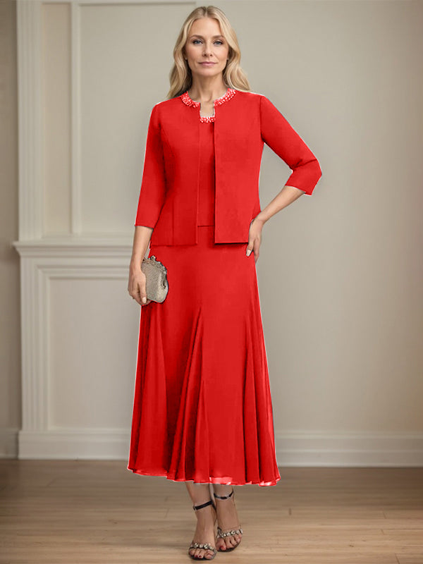 A-line Scoop Tea-Length Chiffon Mother of the Bride Dress with Sequins and Beading Separates