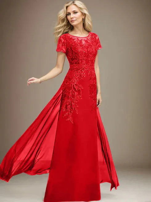 Floor-Length Lace Chiffon Mother of the Bride Dress with Sheath/Column Scoop Illusion and Sequins