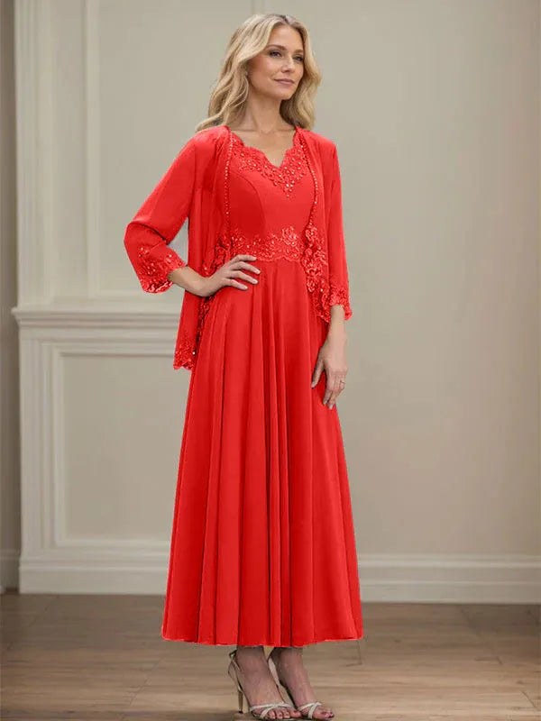A-Line V-Neck Chiffon Mother of the Bride Dress with Sequins, Appliques, Lace, and Beading at Ankle Length