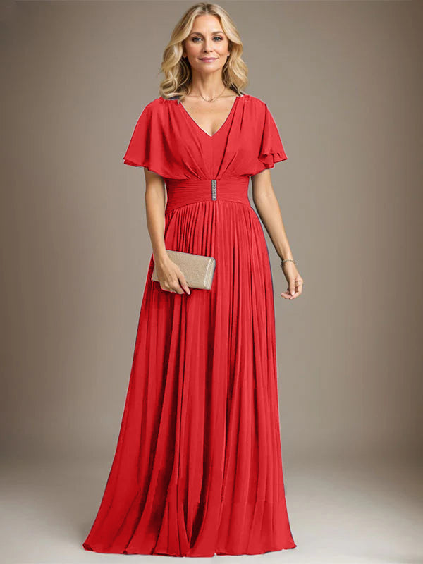 A-Line V-Neck Floor-Length Chiffon Mother of the Bride Dress with Crystal Brooch and Pleated Design