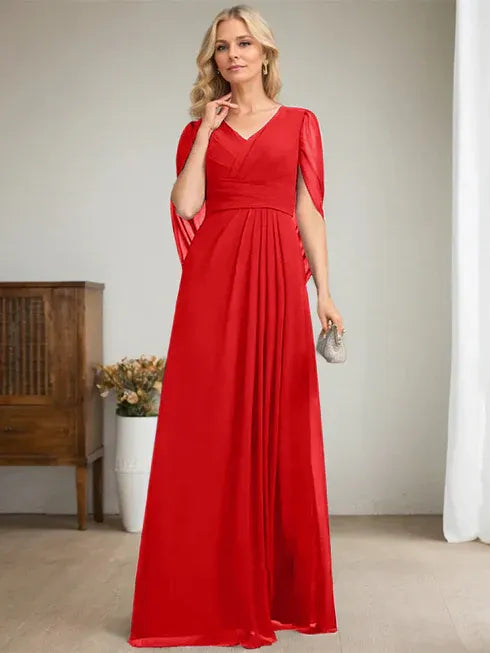 Dark Navy A-Line V-Neck Long Mother of the Bride Dress
