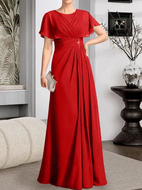 A-Line Scoop Neck Floor-Length Chiffon Mother of the Bride Dress with Pleated Beading