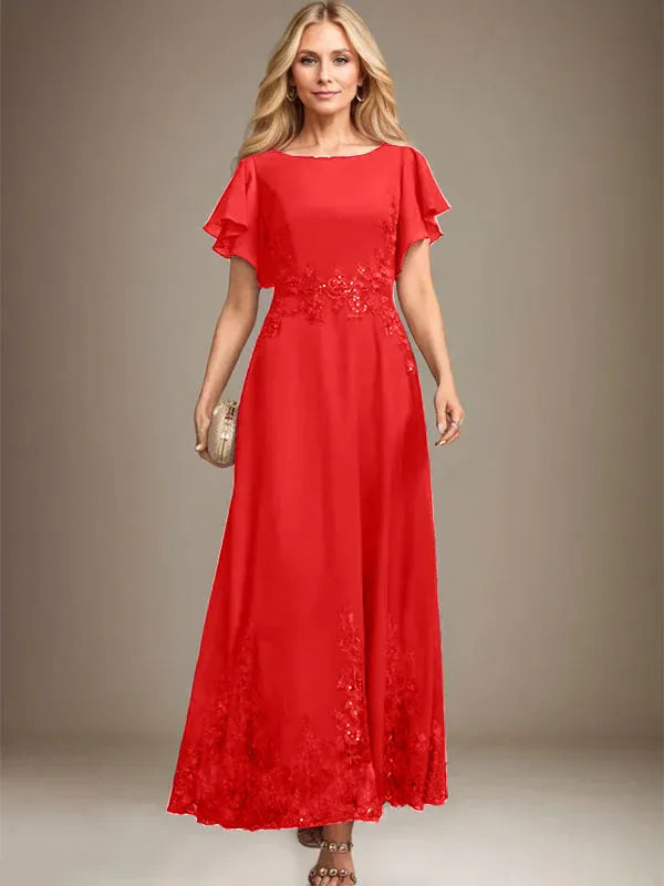 A-Line Scoop Neck Ankle-Length Lace and Chiffon Mother of the Bride Dress with Sequins