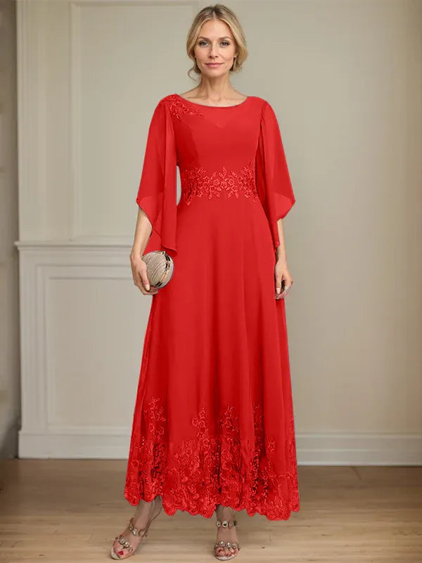 A-Line Scoop Neck Illusion Lace Chiffon Mother of the Bride Dress with Sequins and Ankle-Length Hem