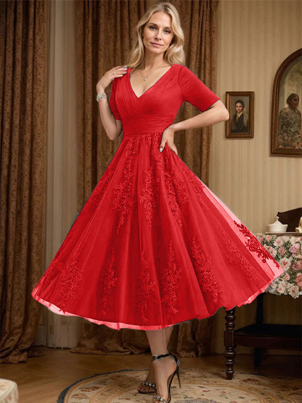 A-Line V-Neck Tea-Length Tulle Lace Mother of the Bride Dress with Pleats