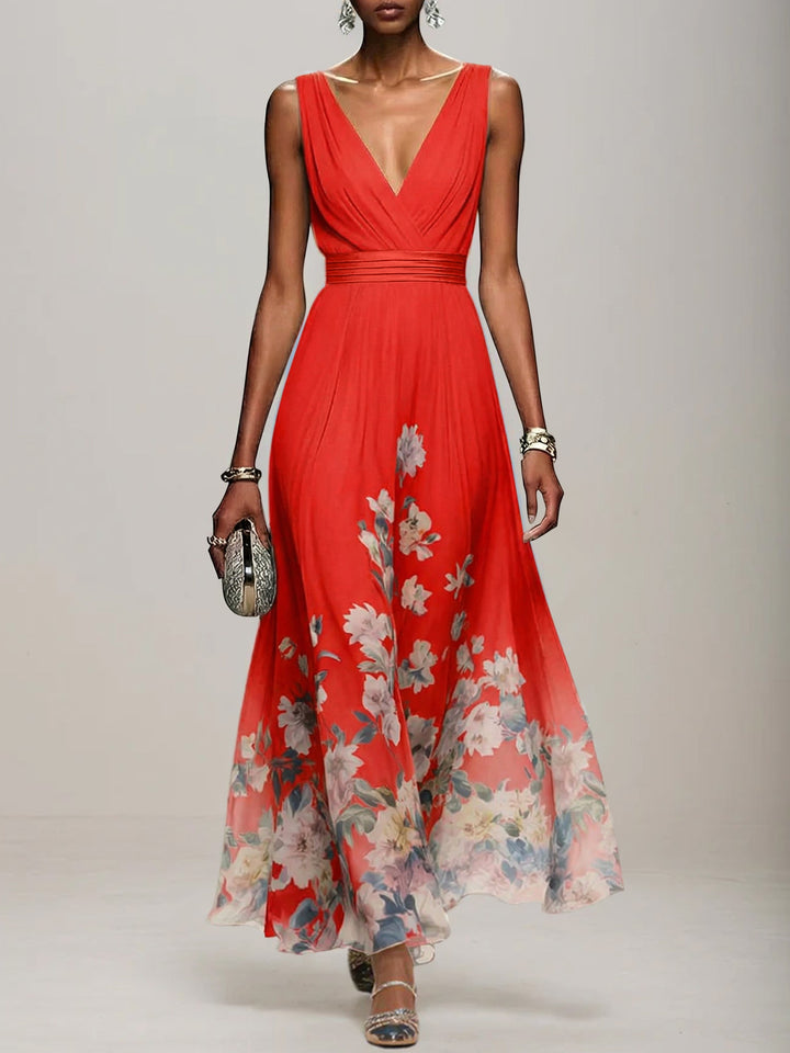Light Blue Floral Chiffon V-Neck Sleeveless A-Line Maxi Dress
