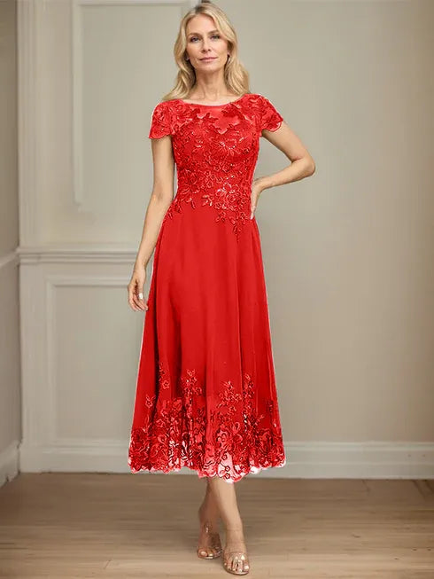 A-Line Illusion Scoop Tea-Length Lace Chiffon Mother of the Bride Dress with Sequins