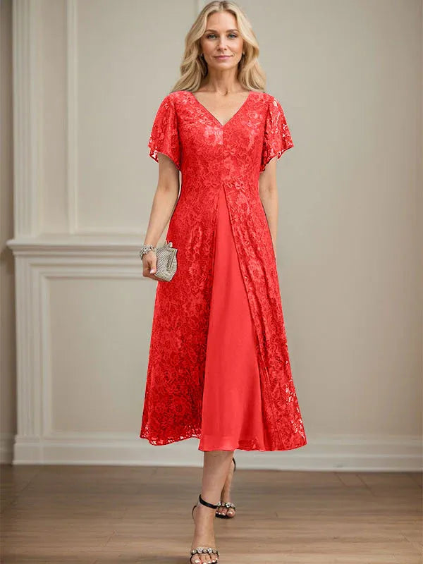 A-Line V-Neck Tea-Length Lace Chiffon Mother of the Bride Dress