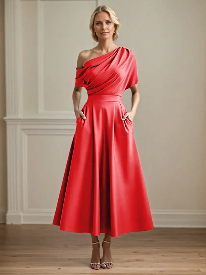 One-Shoulder Satin A-Line Pleated Ankle-Length Mother of the Bride Dress