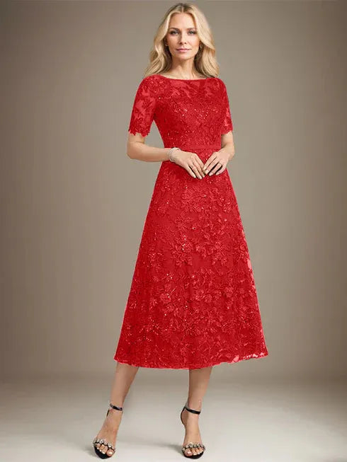 A-Line Scoop Neck Illusion Tea-Length Lace Mother of the Bride Dress with Sequins