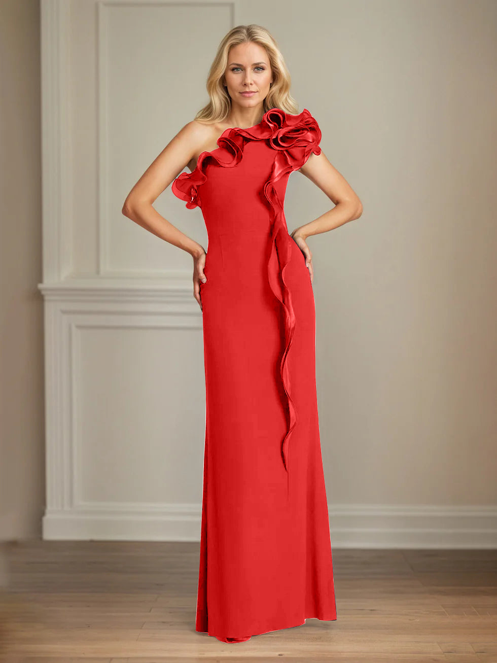 Navy Stretch Crepe One-Shoulder Sheath Dress with Ruffles – Floor-Length Mother of the Bride Gown