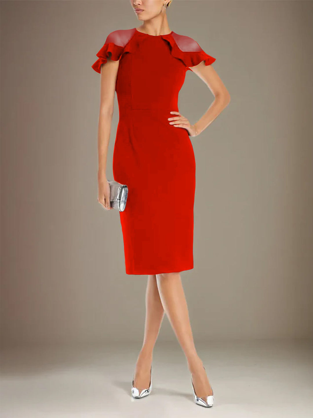 Sheath/Column Stretch Crepe Scoop Short Sleeves Knee Length Dress