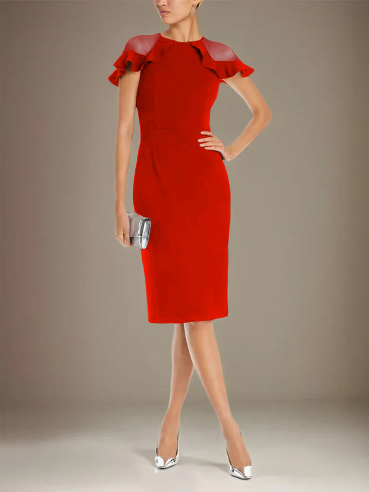 Sheath/Column Stretch Crepe Scoop Short Sleeves Knee Length Dress