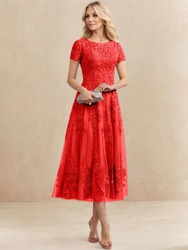 A-Line Scoop Neck Tea-Length Tulle Lace Mother of the Bride Dress