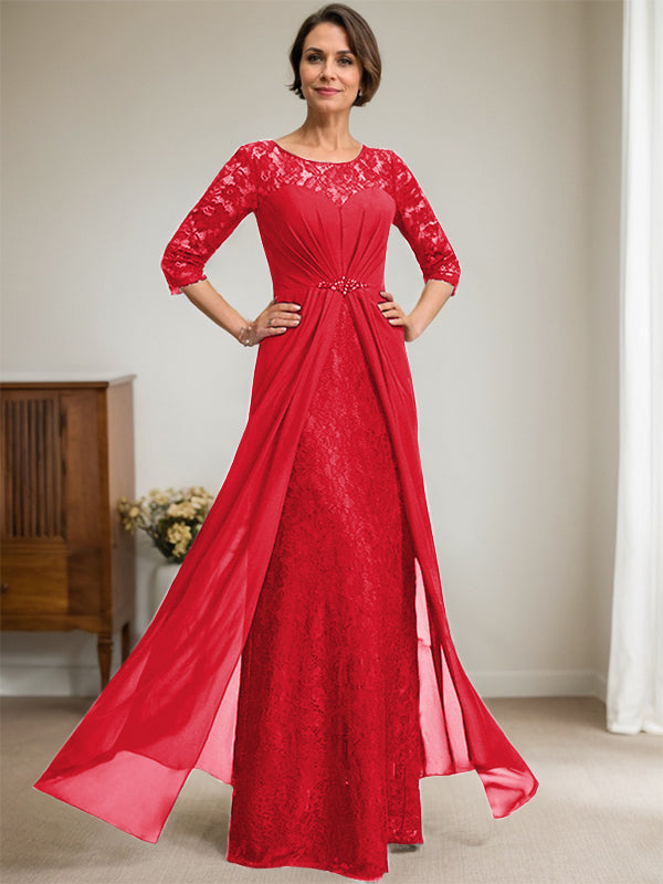 A-Line Scoop Neck Illusion Floor-Length Lace Chiffon Mother of the Bride Dress with Beaded Ruffles