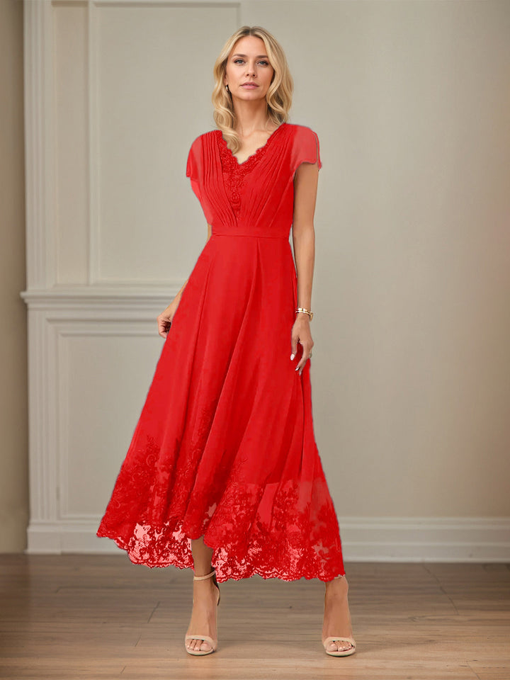A-Line V-Neck Flutter Sleeve Chiffon Dress with Appliques and Ankle Length