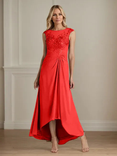 Champagne A-Line Lace and Chiffon Scoop Neck Dress
