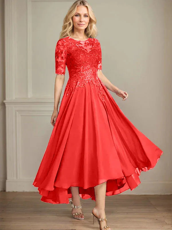 A-Line Scoop Neck Illusion Asymmetrical Chiffon and Lace Mother of the Bride Dress with Sequins