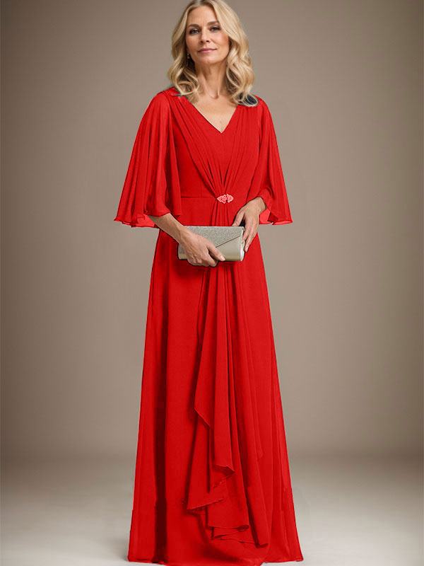 A-Line V-Neck Floor-Length Chiffon Mother of the Bride Dress with Cascading Ruffles and Crystal Brooch