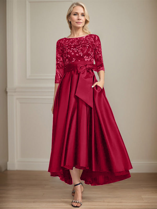 A-Line Scoop Neck Illusion Asymmetrical Satin Lace Mother of the Bride Dress with Bow