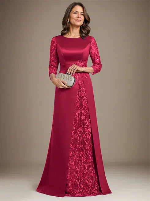 Floor-Length A-Line Lace Satin Mother of the Bride Dress with Scoop Neck and Applique